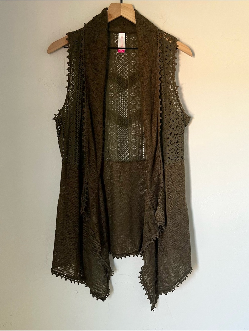 No Boundaries Olive Crochet Open-Front Vest